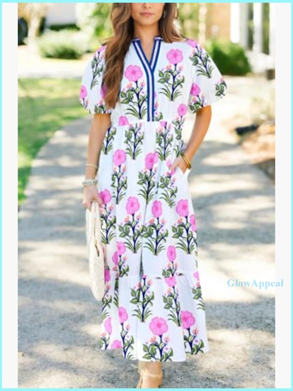 Long Maxi Dress with Puff Sleeves and V-Neck, High Waist Flowy Summer Casual - Picture 5 of 5